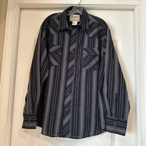 Vintage Wrangler Western Shirt Black Gray Silver Striped Pocket Pearl Snap Sz XL